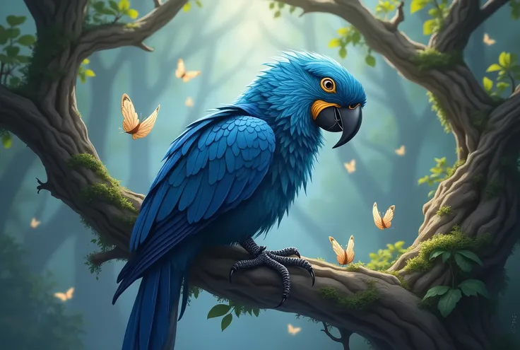 A charming blue macaw perched on a mystical tree branch. 