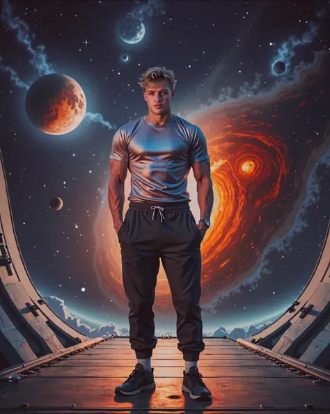 An Ink illustration of a 1 young man standing on the deck of a spaceship. The man has fair skin and short, light brown hair. He is wearing a holographic t-shirt and loose, black sweatpants that hang loosely around his legs. His arms are flexed, showing off...