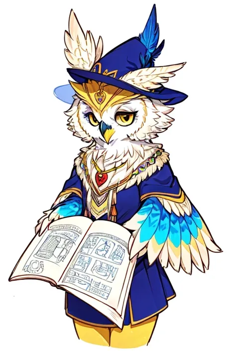 there is a drawing of a bird with a yellow beak, owl wizard, full color drawing, drawn on white parchment paper, avian!!! fursona, with out shading, with a cute fluffy owl, owl feathers, an owl, mixture between an! owl and wolf, coloring book page, coloure...