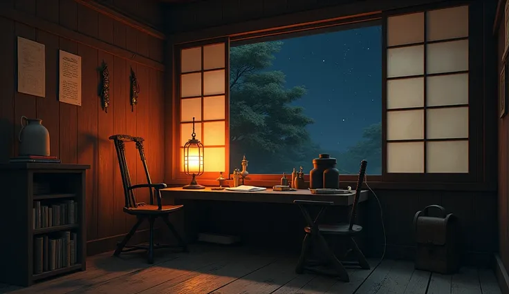 Create a lo-fi style, up-close room for a samurai at night. The view should focus on a small wooden desk with intricate details, illuminated by the soft, warm glow of a traditional Japanese lantern. On the desk, include a few scattered papers, a pencil, an...