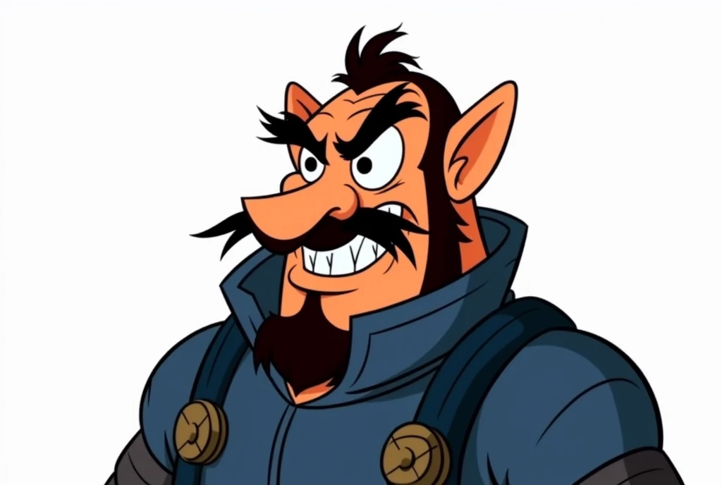 “Generate an animated character similar to Duke Igthorn from Adventures of the Gummi Bears. He should have a large, pointed nose, sharp facial hair including a goatee and mustache, and a mischievous expression with raised eyebrows. The character should wea...