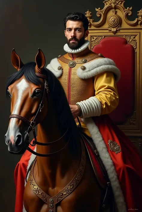 a portrait of an young carlos v of germany mounted on a horse, black beard and short hair, dressed as king, realistic, (best quality,4k,8k,highres,masterpiece:1.2),ultra-detailed,(realistic,photorealistic,photo-realistic:1.37),portrait,historical,oil paint...