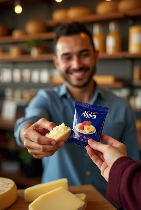 Advisor offering a sample of Alpina Parmesan cheese to a customer which is a blue bag with the white Alpina logo on the top and the word "Alpina" on the bottom and the Word  "Parmesano" the color red (Parmesan cheese is grated cheese)