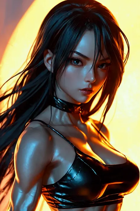 Design a sensual and fierce female character inspired by Kale from Dragon Ball Super, with long, flowing black hair and deep, intense eyes. Dress her in a short, tight outfit—a cropped top and mini shorts—that highlights her muscular yet feminine physique....