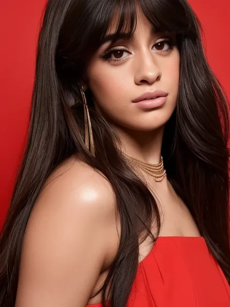 (masterpiece, best quality, photorealistic realistic), 1 woman, camilacabello, bangs, bare shoulders, shiny brown eyes, closed m...