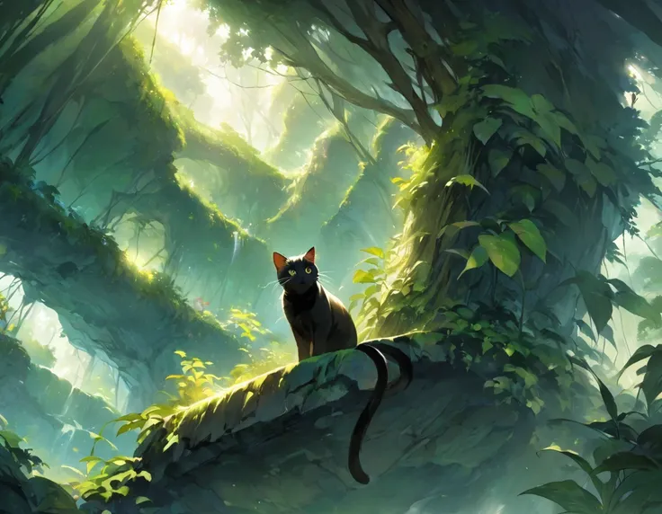 ((Best Quality))、((masterpiece))、(detailed)、8k、「In a mysterious forest surrounded by deep greenery、A soft light shines through。The young woman standing there looks around with a surprised expression.。At her feet、A beautiful black cat clings to her, protect...