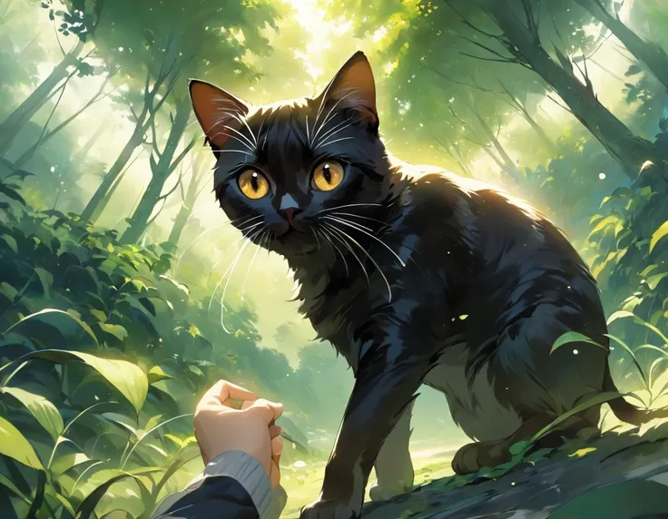 ((Best Quality))、((masterpiece))、(detailed)、8k、「In a mysterious forest surrounded by deep greenery、A soft light shines through。The young woman standing there looks around with a surprised expression.。At her feet、A beautiful black cat clings to her, protect...