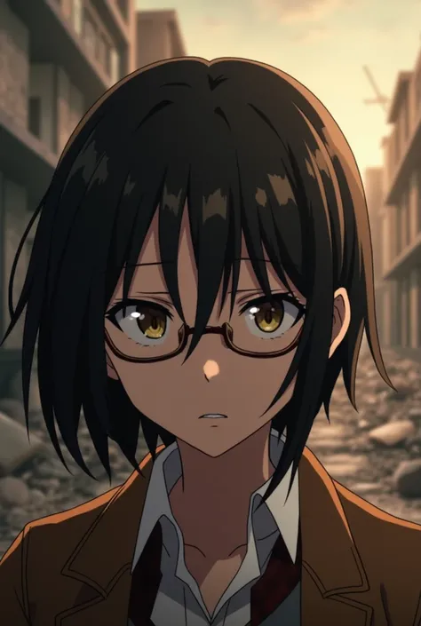 Attack on titan screencap of a female with short black hair wearing glasses 