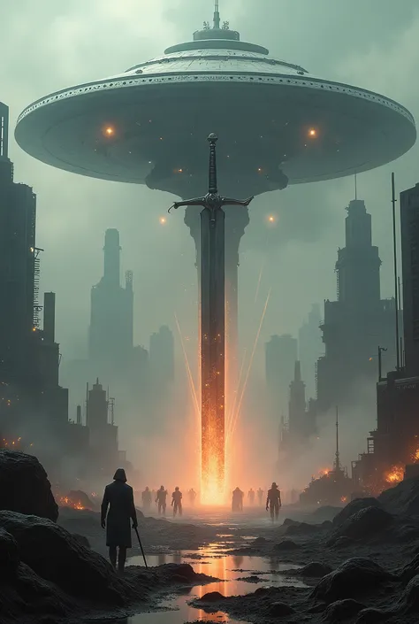 a huge sword stuck on the ground in 60 degree, a picture covered by fire sparks, futuristic city with a giant alien spaceship in the middle of it, looming over a city, in a fantasy sci-fi city, with lots of alien army robots  on the ground and the building...