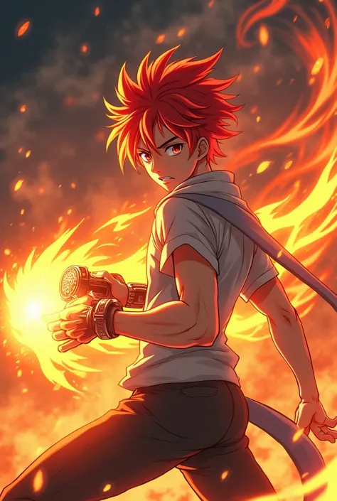 Teenage boy with fire power with red hair and with an anime fire controller with a dragon
