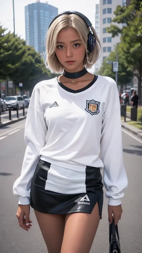 High resolution、masterpiece、Textured skin、high quality、Ultra high definition、Very detailed、woman、Short blonde hair parted in the center、Looking at the camera、Large Breasts、Perfect Style、Long legs、She had headphones around her neck, was wearing a long-sleev...