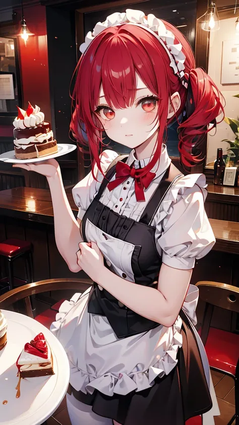 Promotional Photos, The location is a coffee shop, 1 girl, Face, Waitress bringing cake to the table, Red hair twintails, A half goth and half maid costume inspired by the gentle-looking Ichigo., White-based clothing, Cream on the mouth