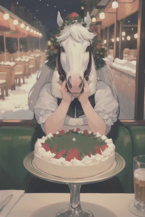 Thoroughbreds holding Christmas parties at restaurants　Thoroughbreds eating Christmas cake　Horses have a Christmas drinking party at a restaurant　Horse eating Christmas cake　　Snowy Night, White Christmas　Horse face　Thoroughbred face　There is no one here　Ho...