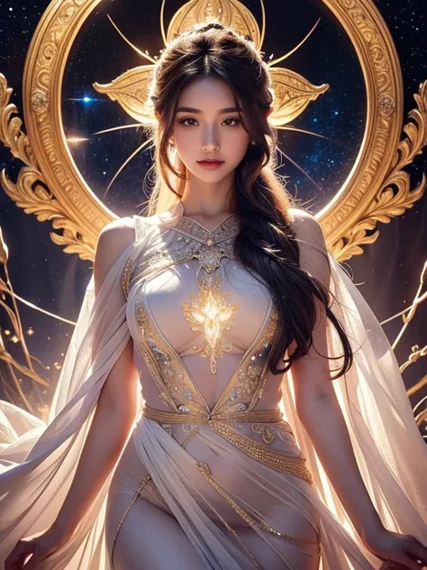 An ethereal Venusian goddess stands in a pose of otherworldly grace, bathed in a celestial glow that illuminates her delicate features and flowing gown. This concept art piece beautifully captures the goddess in a moment of transcendent radiance, showcasin...