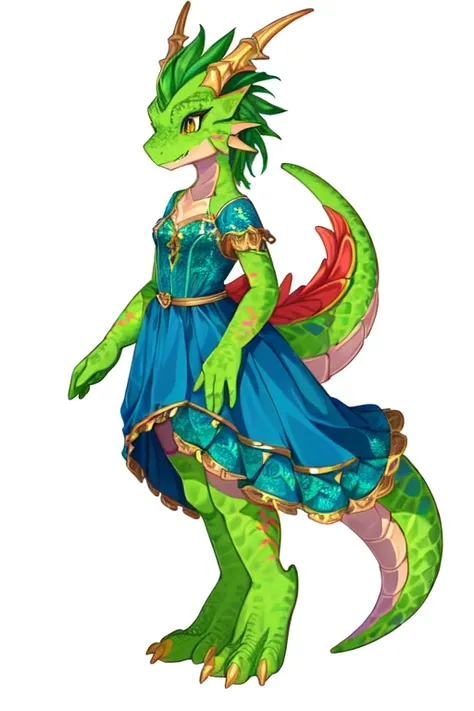 there is a drawing of a dragon with a dress on, as an anthropomorphic dragon, colored drawing, dragon girl, but as an anthropomorphic dragon, inspired by Abidin Dino, full color drawing, anthro lizard, inspired by Károly Brocky, lizard person, dragon-shape...