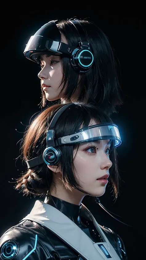 70s sci-fi female robot completely made up of glass , cyber robotic head gear, A ((Visor like futuristic over the head)), head gear, and wires connected to VR headset, Side profile, staring into the sky against a black background with eyes flashing with ra...