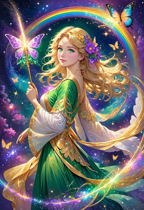 a magical beautiful golden-haired angel woman holding a rainbow-colored wand, with sparkling magical energy emanating from the wand, with purple wings, against a cosmic space background receiving golden spiral energy from the cosmos, wearing a purple flowe...