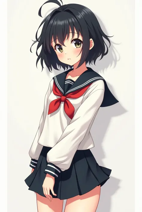 Anime girl wearing white uniform, short shirt black, with y2k hairstyle black hair