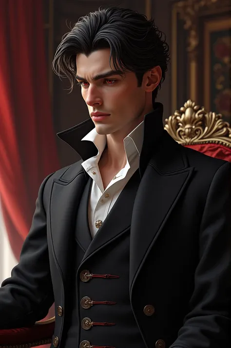 Draw a handsome Northern Duke with black hair and red eyes in the romance style.