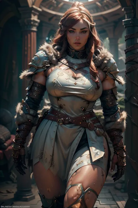 ​masterpiece, Best Quality, detailed, Cinematics, 4k, Background with:Viking buildings built on snowy fjord cliffs, Viking woman warrior wearing armor and fur coat with rune tattoos,red hair, very long hair, light blue eyes, thick thighs, huge breasts, ((m...