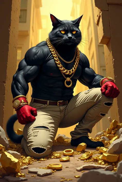 A muscular anthropomorphic black cat with a serious expression kneels in a lavish room filled with gold treasures and shattered wall debris behind it. The cat  black shirt, begie jeans with rips, and red gloves, accessorized with gold chains. The scene con...