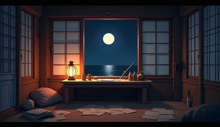 Generate a lo-fi style room at night with a cozy, atmospheric feel. Focus on a simple wooden desk in the center, illuminated by the warm glow of a traditional Japanese lantern. Scattered papers, an inkpot, and a pencil sit on the desk. Large wooden-framed ...