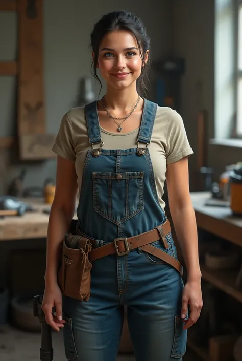 handyman, Woman, Russian, in work clothes, smiles, realism, stands straight