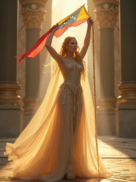 Goddess Freyja dressed in a long transparent crystal dress, accentuating her curves, She raises her arms to the sky with the seven-starred Venezuelan flag, Her blonde hair is half-braided and her delicate face shines in the light of the main hall of the No...