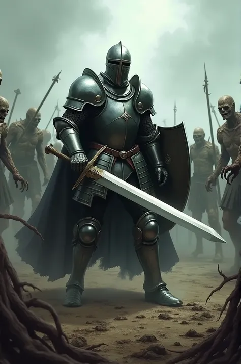 Mid-evil Knight fighting off zombie horde