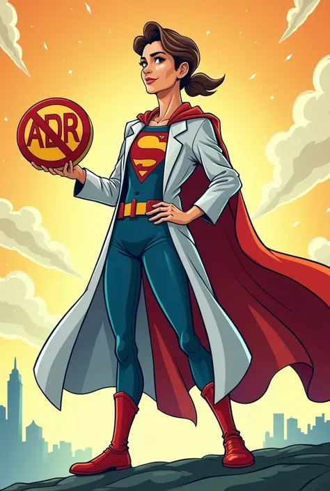 Superhero with lab coat, cape, holding an emblem
Representing adr reporting with a dynamic pose, it should be like a cartoon image, change the title to adr reporting hero