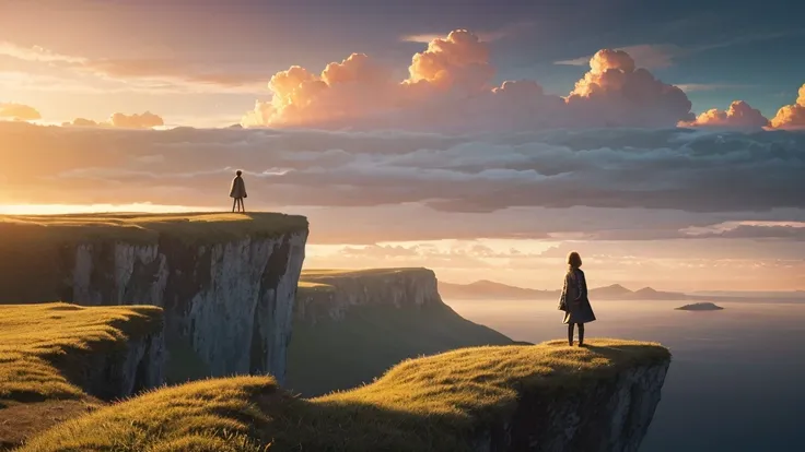 A lone figure standing on a cliff edge, overlooking a vast, magical landscape of floating islands and clouds, all under a star-filled sky. Soft golden light hints at a hidden, magical world.