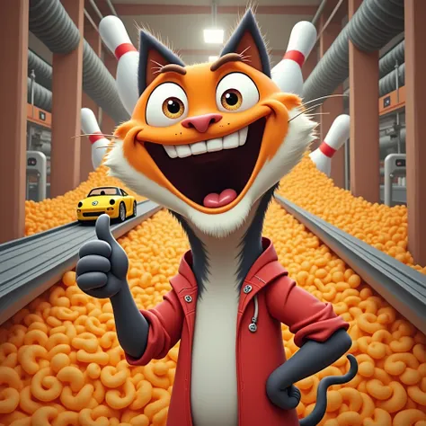 This image is a closeup of a cartoon cat in a factory setting. Cat is standing in front of a large pile of orange cereal, which appears to be Cheetos. A conveyor belt is visible in the background with a small yellow car driving on it, and there are pipes a...