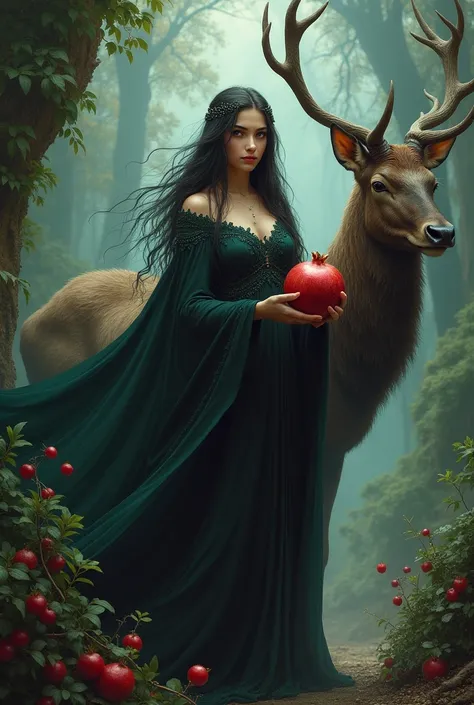 Goddess of the underworld with a pomegranate in her hand and next to an elk 