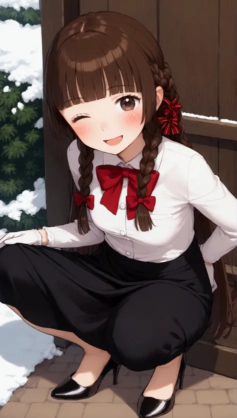 {Best Quality}, {Very beautiful},{Ultra fine},{Best illustration},Brown Hair,Hime cut,Long Hair,Braids,Crouching woman,Adult women,smile,Excited face,Wink,White Shirt,A woman wearing a long coat,long black skirt,gloves,Around town,Blushing,Slender,barefoot...