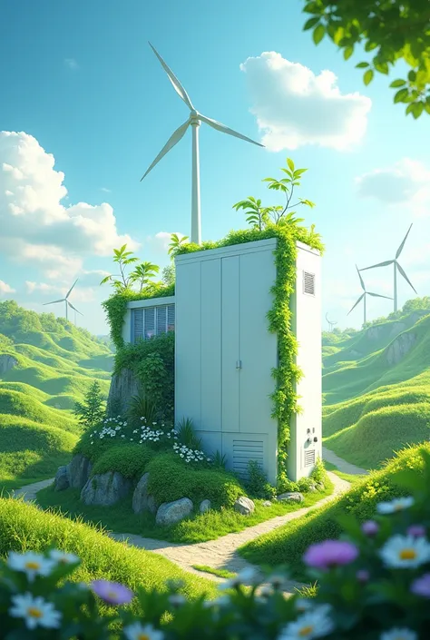 Generate a picture where we see all benefits of a eco friendly power generator 