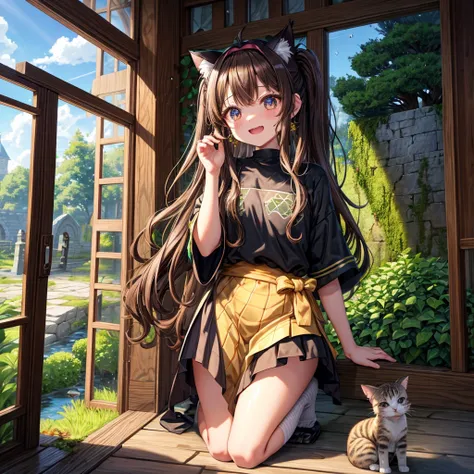 Rainbow brown hair、Rainbow Eyes、Wavy Hair、Hair tied up、Two cute、Checked mini skirt、Black T-shirt、Cat Ear Robe、Black knee-high socks、Headband、Teeth are visible、Monster Castle、Tilting face、lawn、In front of the city gates、Underground tunnels、The stone is crac...