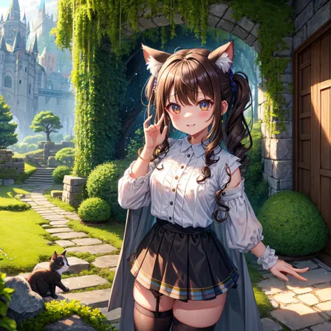 Rainbow brown hair、Rainbow Eyes、Wavy Hair、Hair tied up、Two cute、Checked mini skirt、Black T-shirt、Cat Ear Robe、Black knee-high socks、Headband、Teeth are visible、Monster Castle、Tilting face、lawn、In front of the city gates、Underground tunnels、The stone is crac...