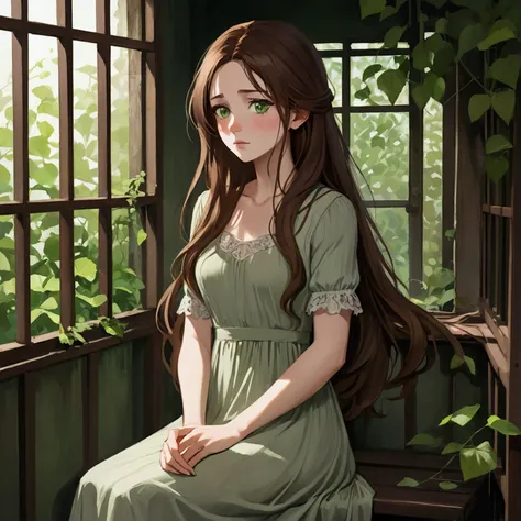 Amelia sits quietly in her cage, her delicate features framed by her long, chestnut-brown hair. She wears a simple, tattered dress that hangs loosely on her slender frame, doing little to conceal her feminine curves. Her green eyes are downcast, conveying ...