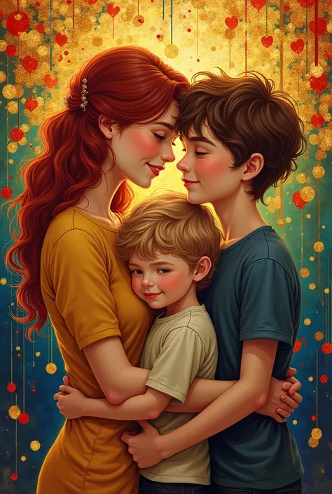 Created a picture for a birthday, Style Klimt. With two young boys aged 3, blond and 15, brown haired, with their mother having dark red hair. , very happy, for their mother&#39;s birthday. Festive and colorful atmosphere. Party