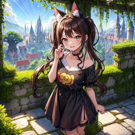 Rainbow brown hair、Rainbow Eyes、Wavy Hair、Hair tied up、Two cute、Checked mini skirt、Black T-shirt、Cat Ear Robe、Black knee-high socks、Headband、Teeth are visible、Monster Castle、Tilting face、lawn、In front of the city gates、Underground tunnels、The stone is crac...