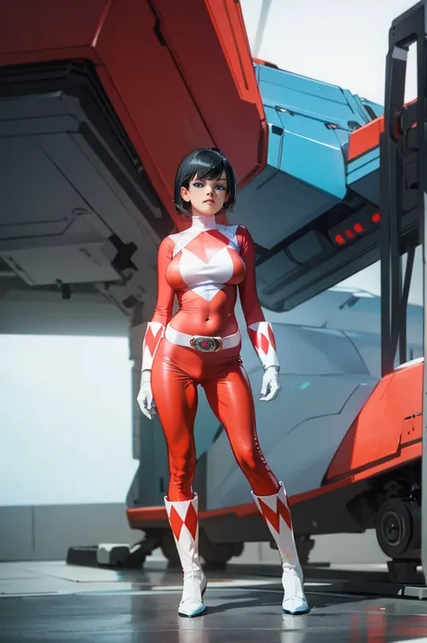 1girl, solo, black hair, short hair, looking at viewer, blue eyes, large breasts, cute, standing, full body,redranger