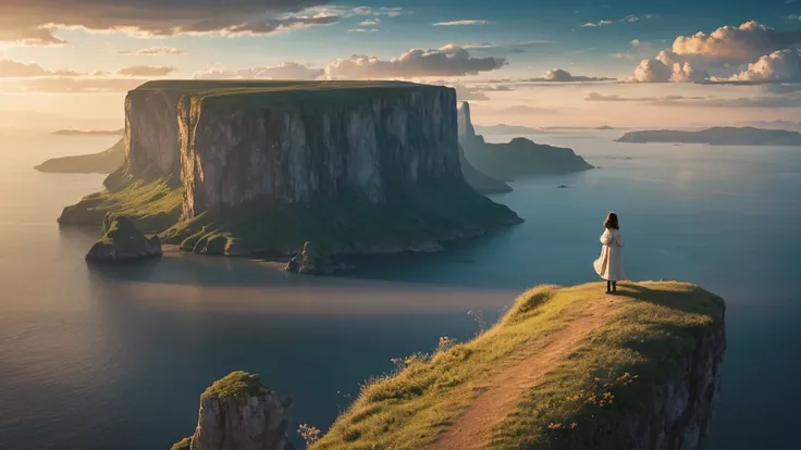 A lone figure standing on a cliff edge, overlooking a vast, magical landscape of floating islands and clouds, all under a star-filled sky. Soft golden light hints at a hidden, magical world.