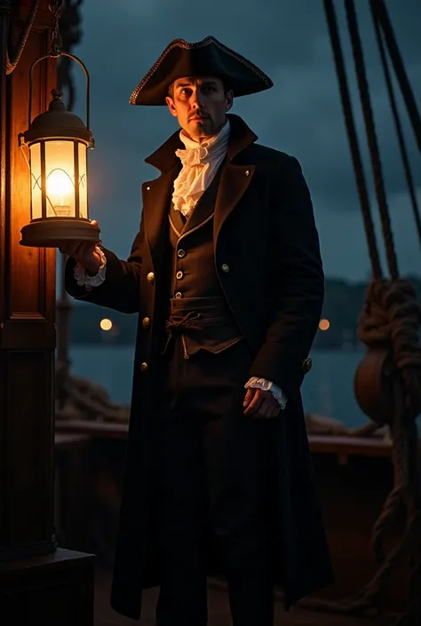 A white man in a black coat, in ship, holding a lantern, 1689, wearing tricorne, night, facing front