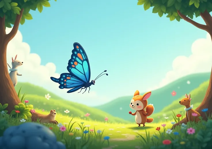 BACKGROUND da Historia infantil: The Blue Butterfly. fifi the butterfly and all the characters, Perfect digital art, detailed without traces of AI and cute animation, <xml><input>realistic</input></xml>, theme color: baby blue