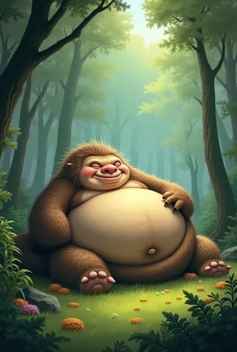 A fat monster in a forest and a big tail and laying on grass and smiling and hes very chubby and fat and his tits are big like hes about to sleep