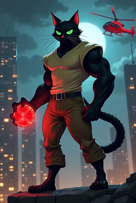 A muscular anthropomorphic black cat stands confidently atop a cityscape at night, holding a large red gemstone in one hand. It wears a tight-fitting begie shirt and brown  jeans, accentuating its powerful physique. The background features skyscrapers illu...