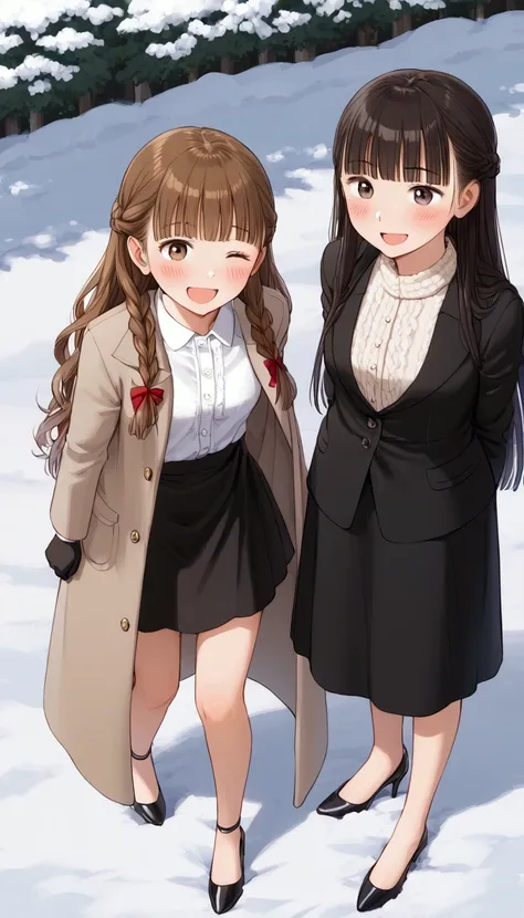 {Best Quality}, {Very beautiful},{Ultra fine},{Best illustration},Brown Hair,Hime cut,Long Hair,Braids,Standing Woman,Adult women,smile,Excited face,Wink,White Shirt,A woman wearing a long coat,long black skirt,gloves,Around town,Blushing,Slender,Bare legs...