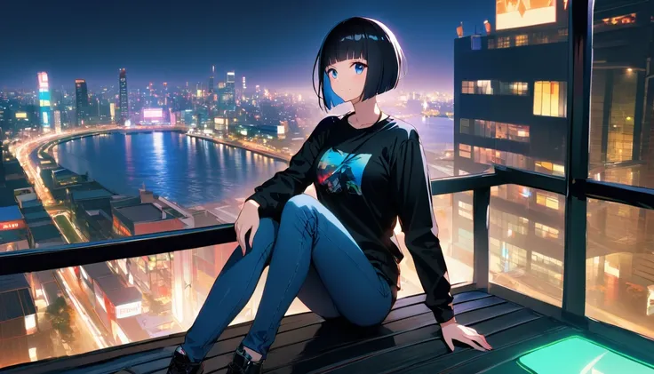 ((１People Girl)), Headphones and leather jacket、Wearing skinny jeans, ((blue eyes)) (((Shortcuts、Bobcut、Shiny black hair))) (((Are you wearing your headphones correctly?))) (Oversized black t-shirt)Night sitting on the edge of the roof. ((Tokyo))The city l...