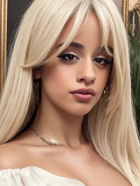 (masterpiece, best quality, photorealistic realistic), 1 woman, camilacabello, bare shoulders, white hair, shiny brown eyes, clo...