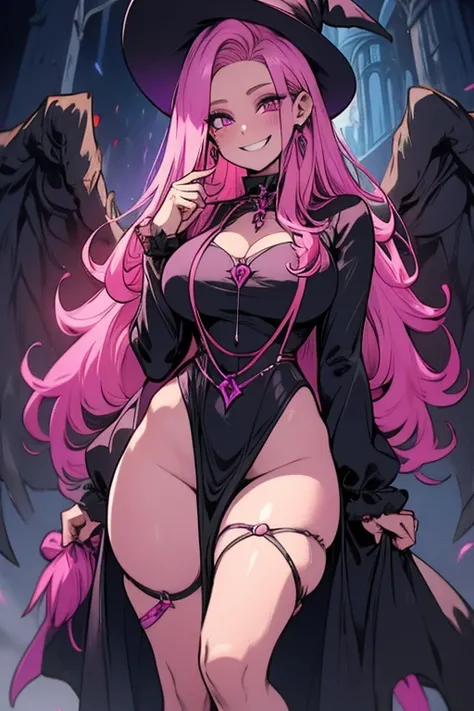 Perfect face. Perfect hands. A pink haired woman and violet eyes with an hourglass figure in a witchs costume is walking through a creepy haunted house with a big smile